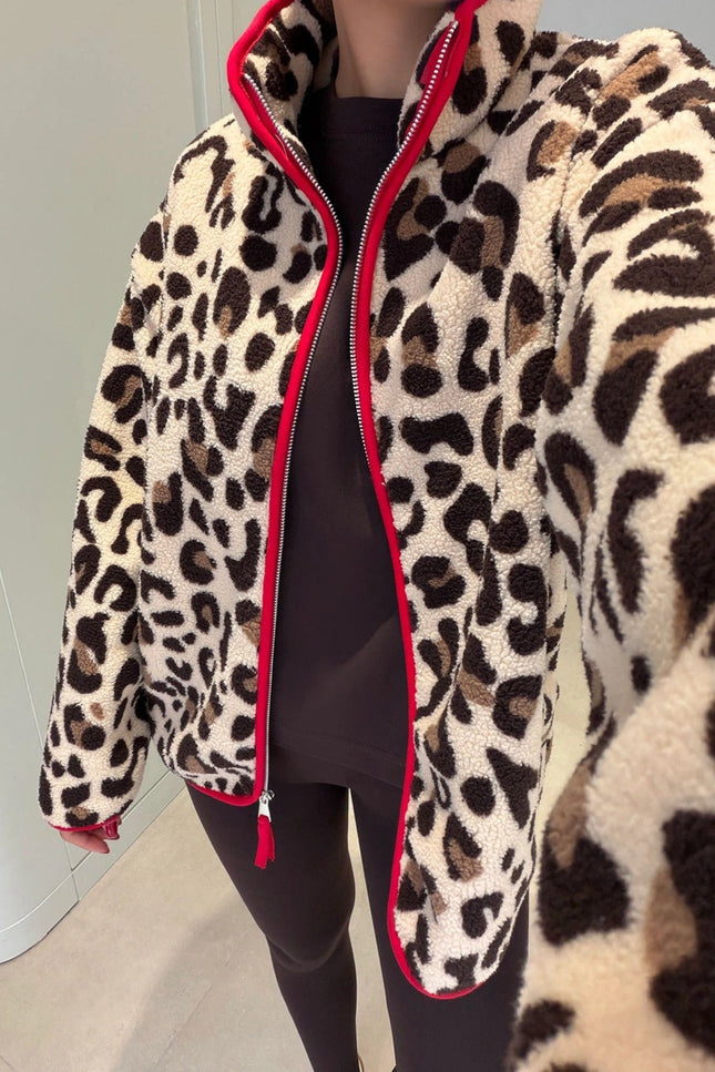 Premium Leopard-Print Zip Polar - Beige-Red