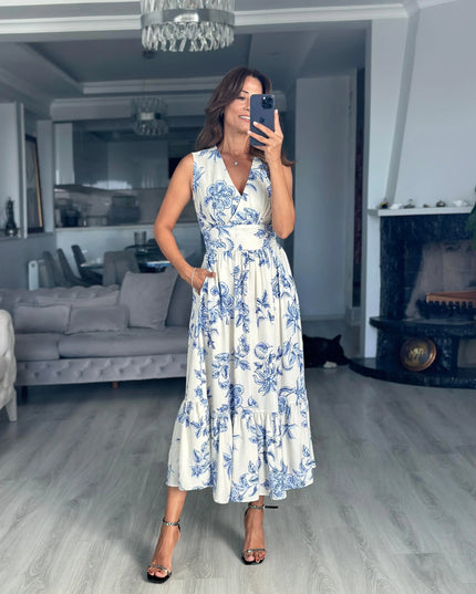 Floral Wrap Neckline Midi Dress