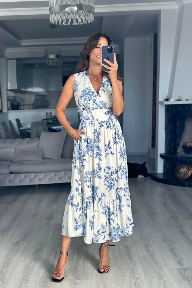 Floral Wrap Neckline Midi Dress