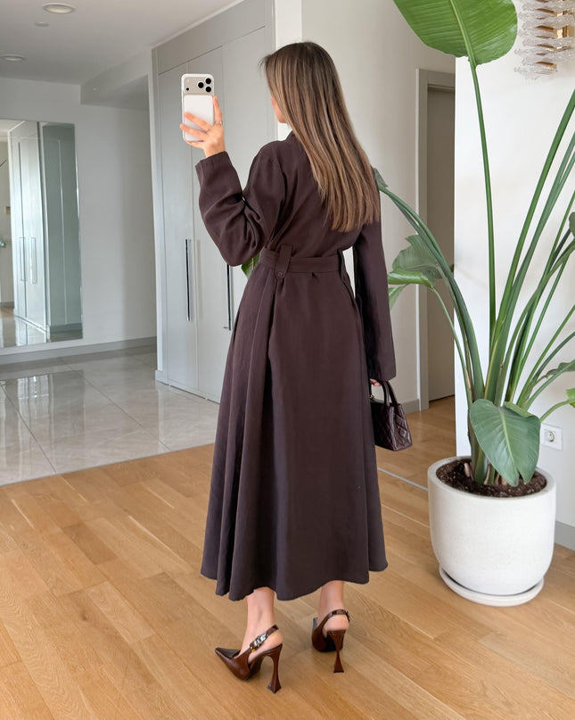 Andel Embroidered Detail Pocketed Midi Dress - Brown