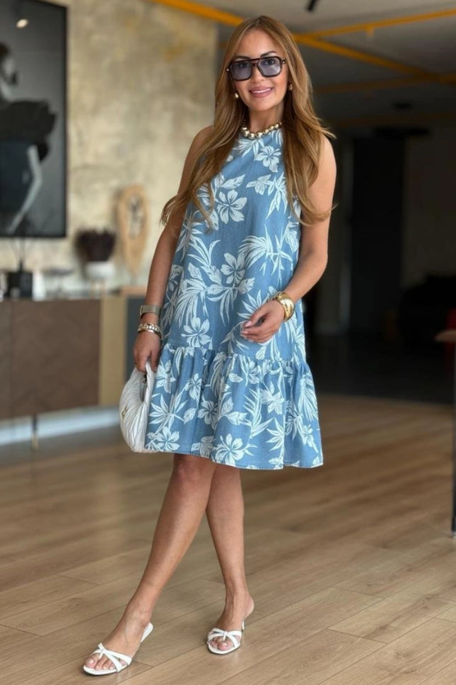 Denim Tencel Blue Patterned Sleeveless Dress