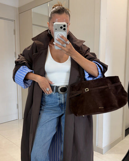 Hanger Brown Striped Lined Oversize Long Trench Coat