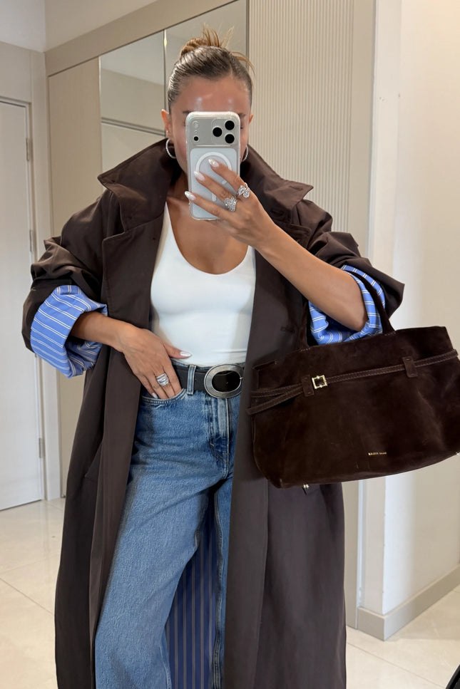 Hanger Brown Striped Lined Oversize Long Trench Coat