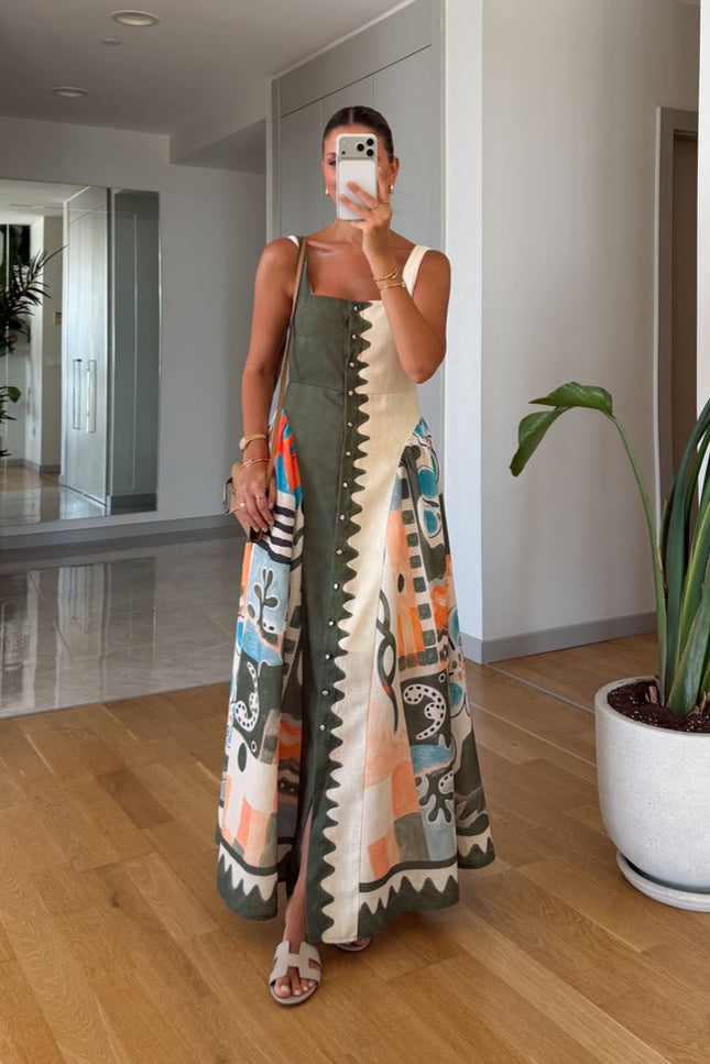 Multicolor Patterned Linen Dress
