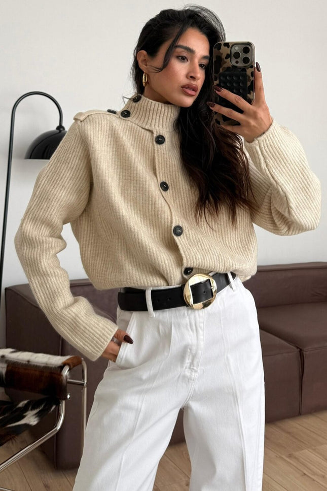 Button Detailed Cardigan Beige