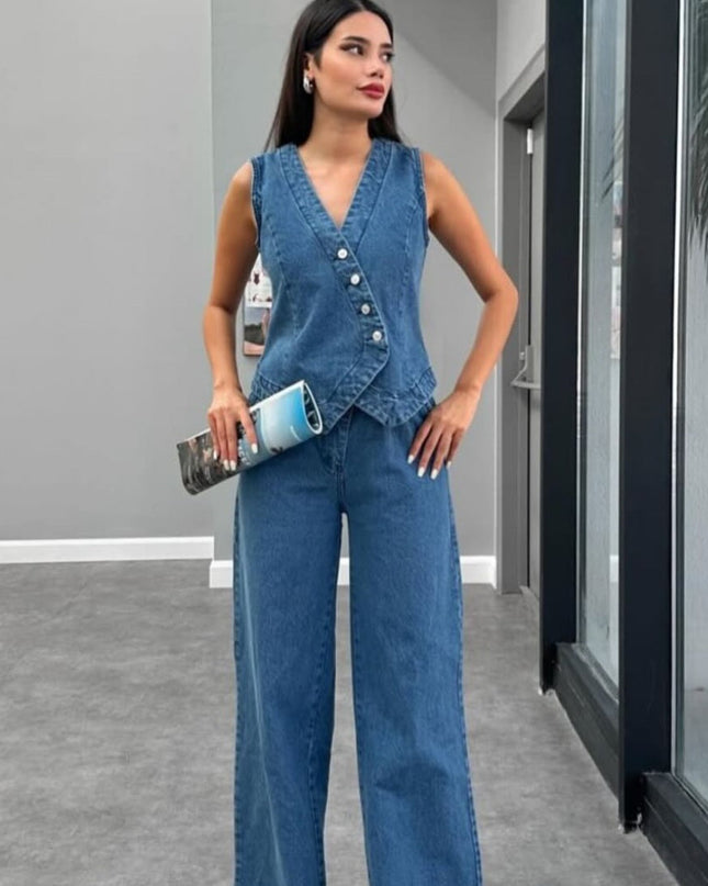 Denim Set Pant With Button Vest