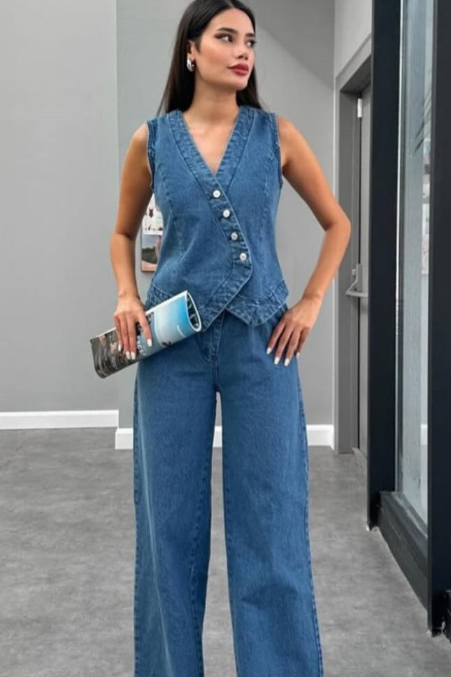 Denim Set Pant With Button Vest
