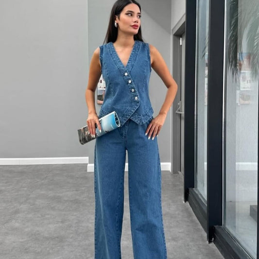 Denim Set Pant With Button Vest