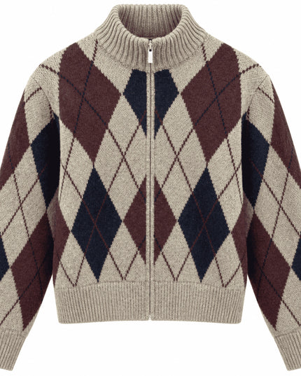 Diamond-Pattern Zippered Cardigan