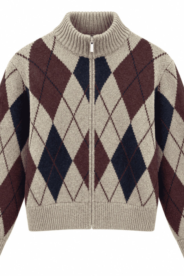 Diamond-Pattern Zippered Cardigan