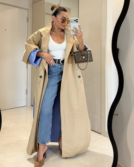 Hanger Camel Striped Lined Oversize Long Trench Coat