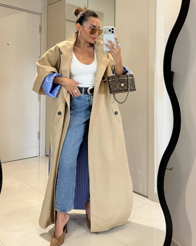 Hanger Camel Striped Lined Oversize Long Trench Coat