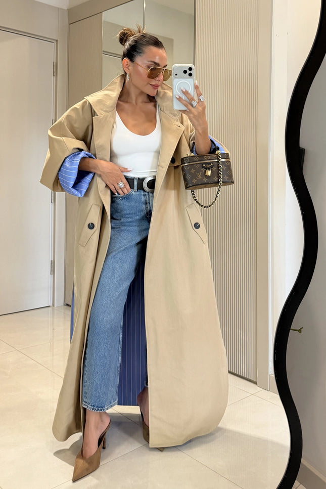 Hanger Striped Lined Oversize Long Trench Coat