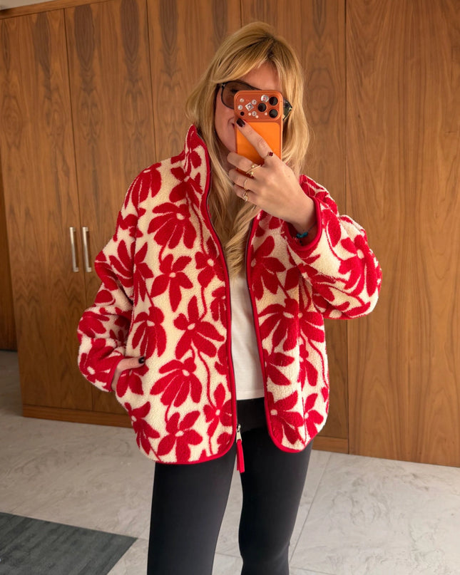 Presy Red Floral Teddy Zip Sweat