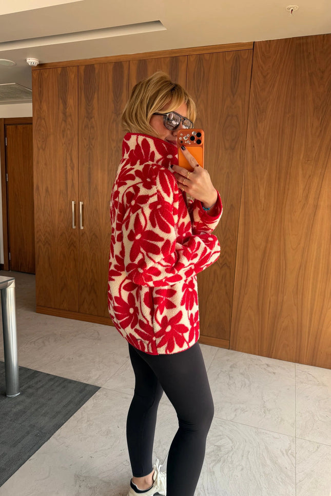 Presy Red Floral Teddy Zip Sweat