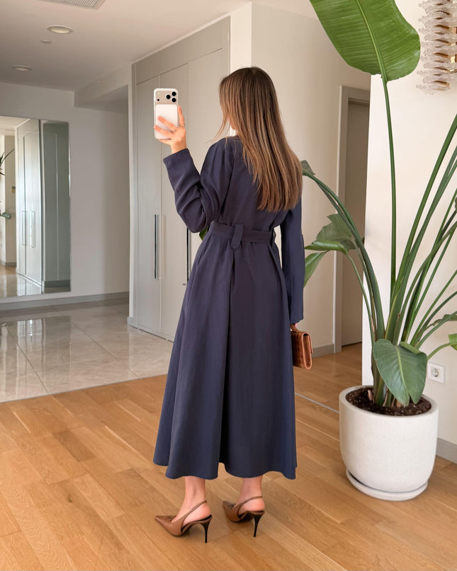 Andel Embroidered Detail Pocketed Midi Dress - Navy