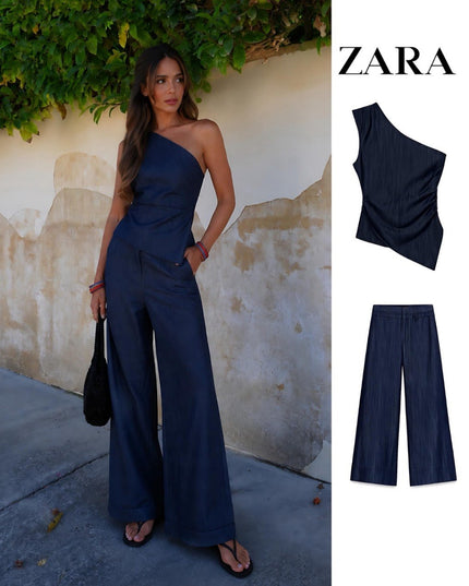 Zara Denim Set pants with One Shoulder Top