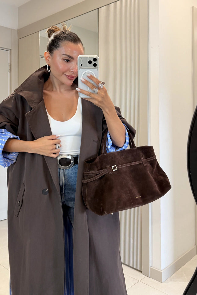 Hanger Brown Striped Lined Oversize Long Trench Coat