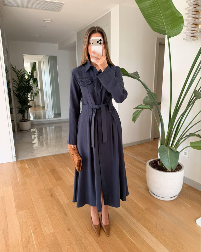 Andel Embroidered Detail Pocketed Midi Dress - Navy