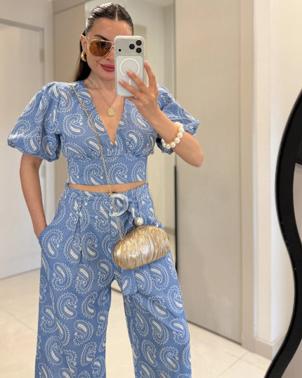 Paisley Sleeve Blouse with Pant Set