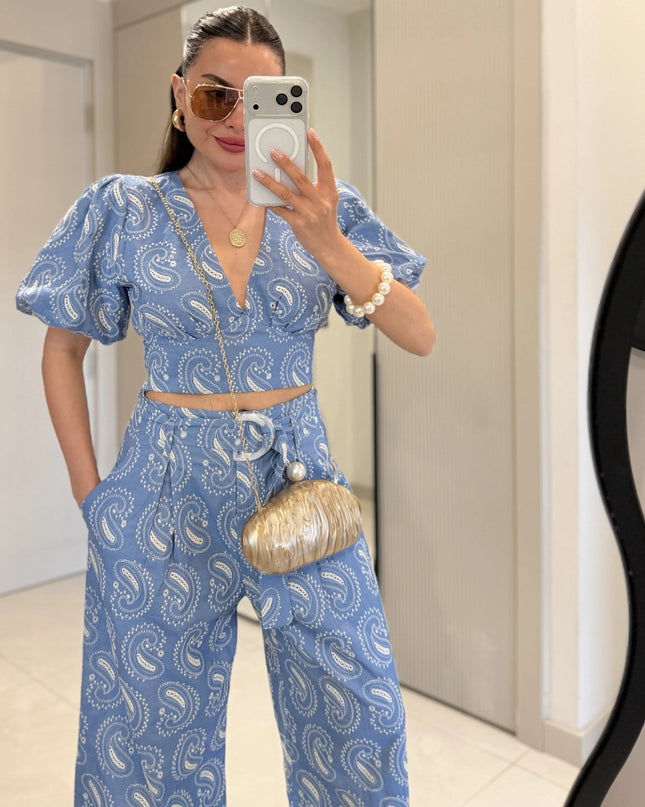 Paisley Sleeve Blouse with Pant Set