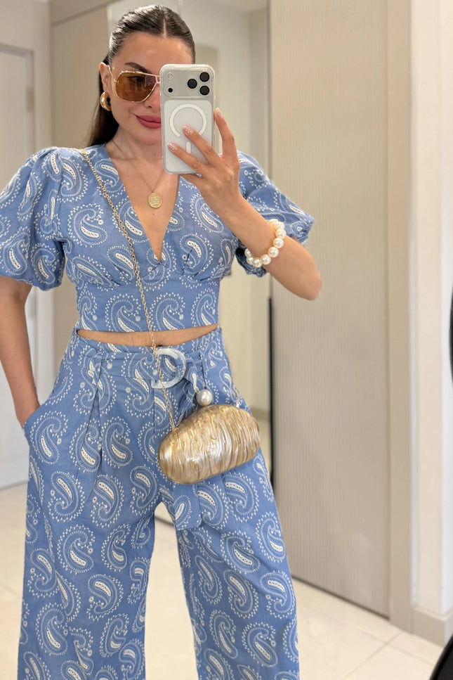 Paisley Sleeve Blouse with Pant Set