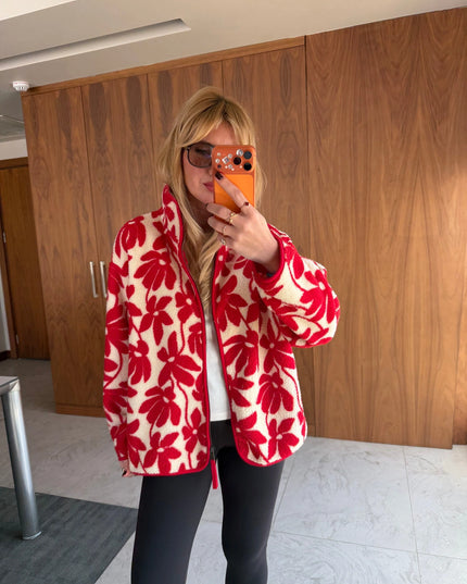 Presy Red Floral Teddy Zip Sweat
