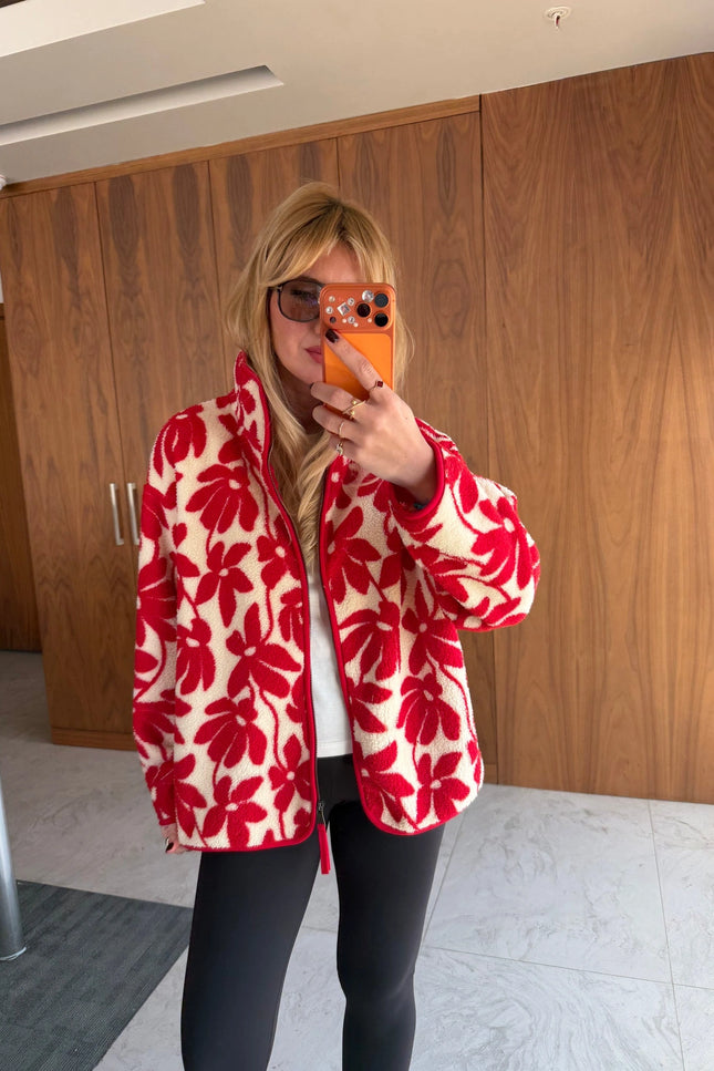 Presy Red Floral Teddy Zip Sweat