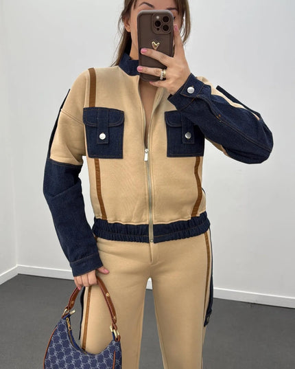 Romina Denim Mix Fleece Jacket Tracksuit Set
