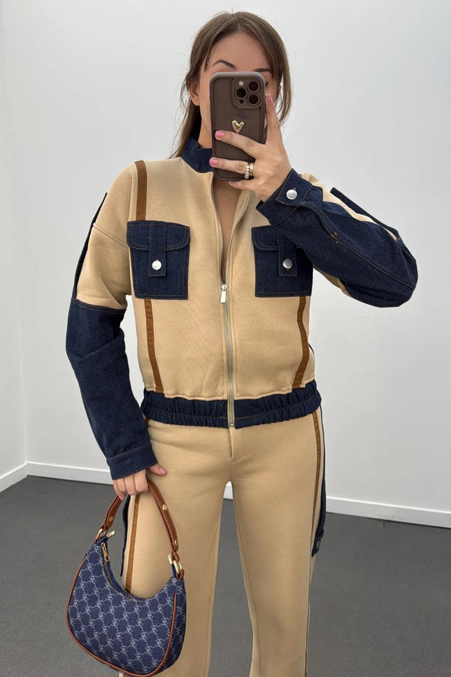 Romina Denim Mix Fleece Jacket Tracksuit Set