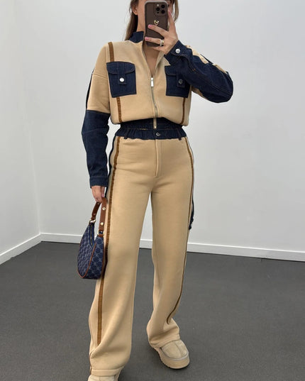 Romina Denim Mix Fleece Jacket Tracksuit Set