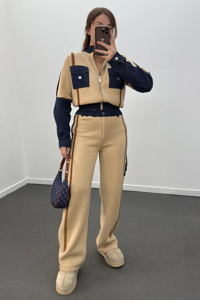 Romina Denim Mix Fleece Jacket Tracksuit Set