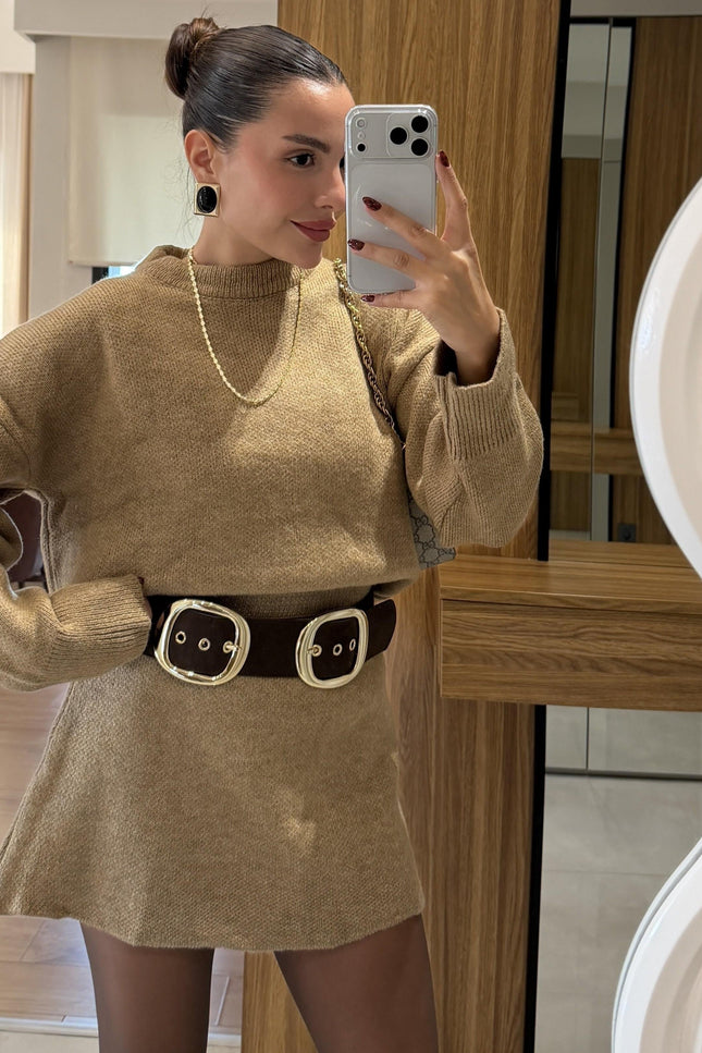 Rory Camel Knit Skirt Suit