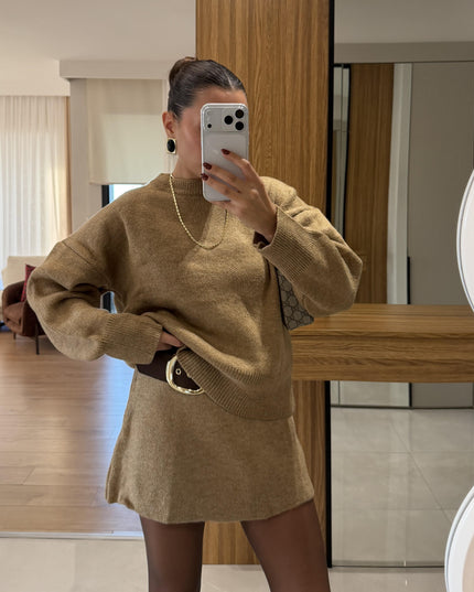 Rory Camel Knit Skirt Suit