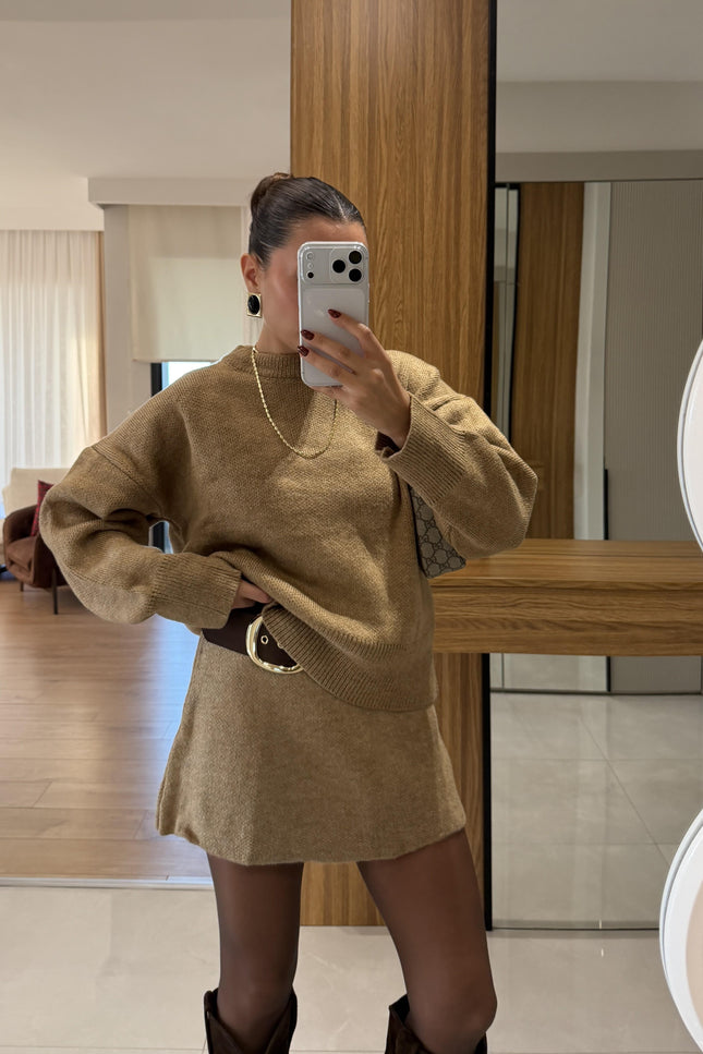Rory Camel Knit Skirt Suit