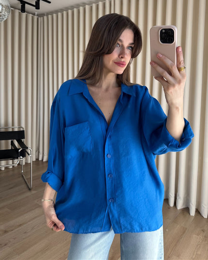 Saks Mavi Oversize Modal Kumaş Gömlek