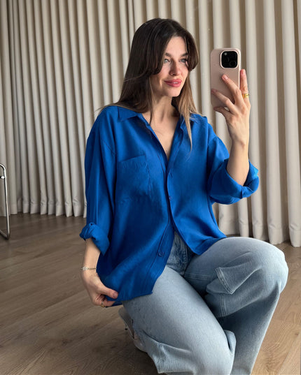 Saks Mavi Oversize Modal Kumaş Gömlek