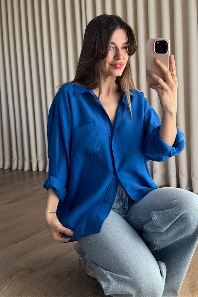 Saks Mavi Oversize Modal Kumaş Gömlek