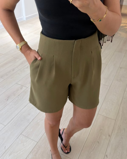 Double Pleated High-Waisted Navy Shorts