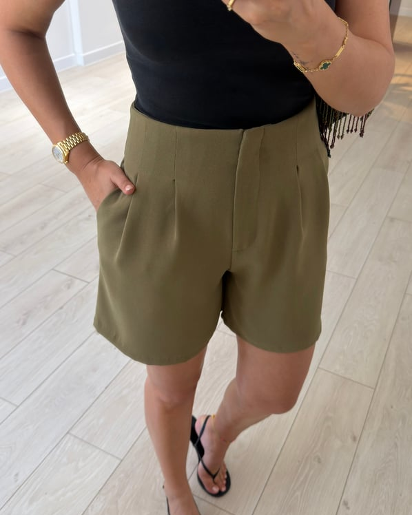 Double Pleated High-Waisted Navy Shorts