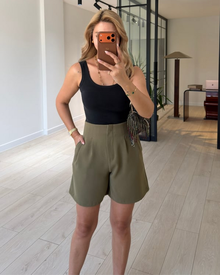 Double Pleated High-Waisted Navy Shorts