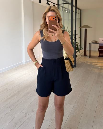 Double Pleated High-Waisted Navy Shorts