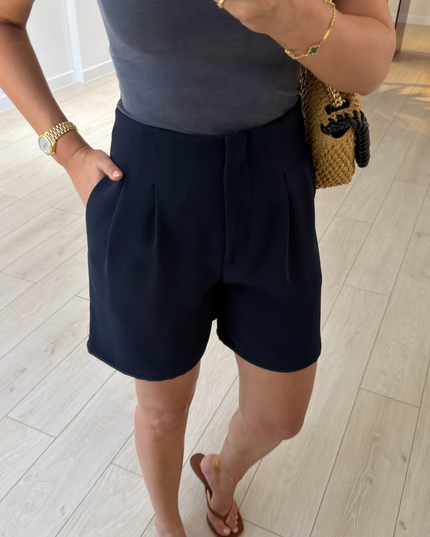 Double Pleated High-Waisted Navy Shorts