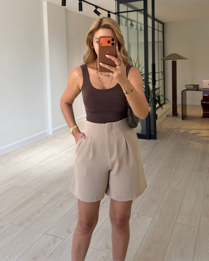 Double Pleated High-Waisted Navy Shorts