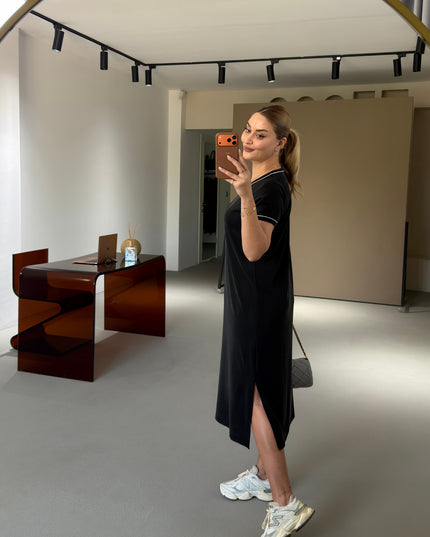 Premium Series Piping Detail Slit Modal Dress - Black