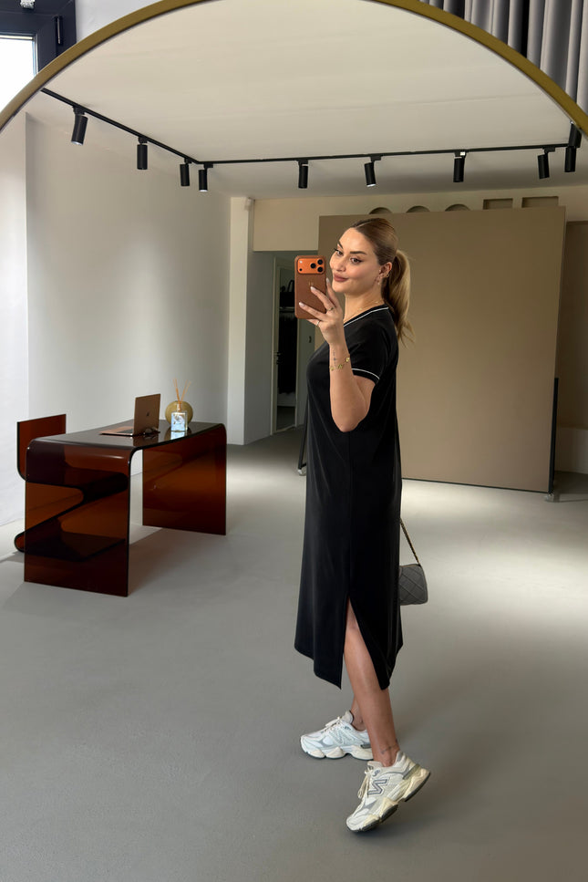 Premium Series Piping Detail Slit Modal Dress - Black
