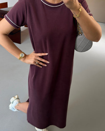 Premium Series Piping Detail Slit Modal Dress - Plum
