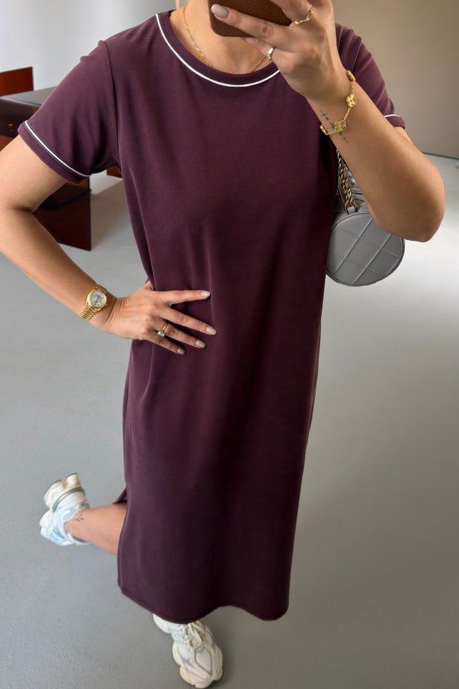 Premium Series Piping Detail Slit Modal Dress - Plum