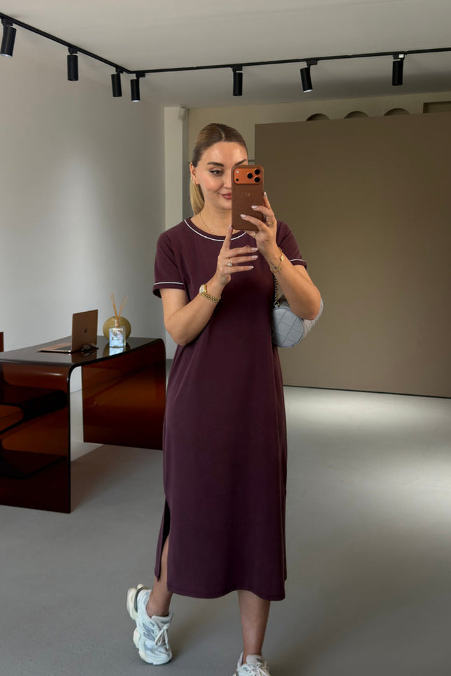 Premium Series Piping Detail Slit Modal Dress - Plum