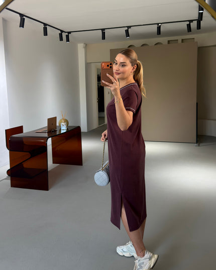 Premium Series Piping Detail Slit Modal Dress - Plum